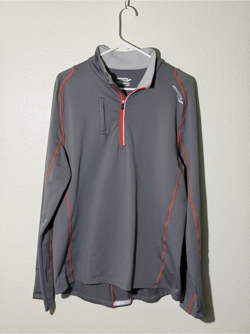 Saucony Men’s Sz Large Quarter Zip Pullover Gray Orange Reflective Running Coat